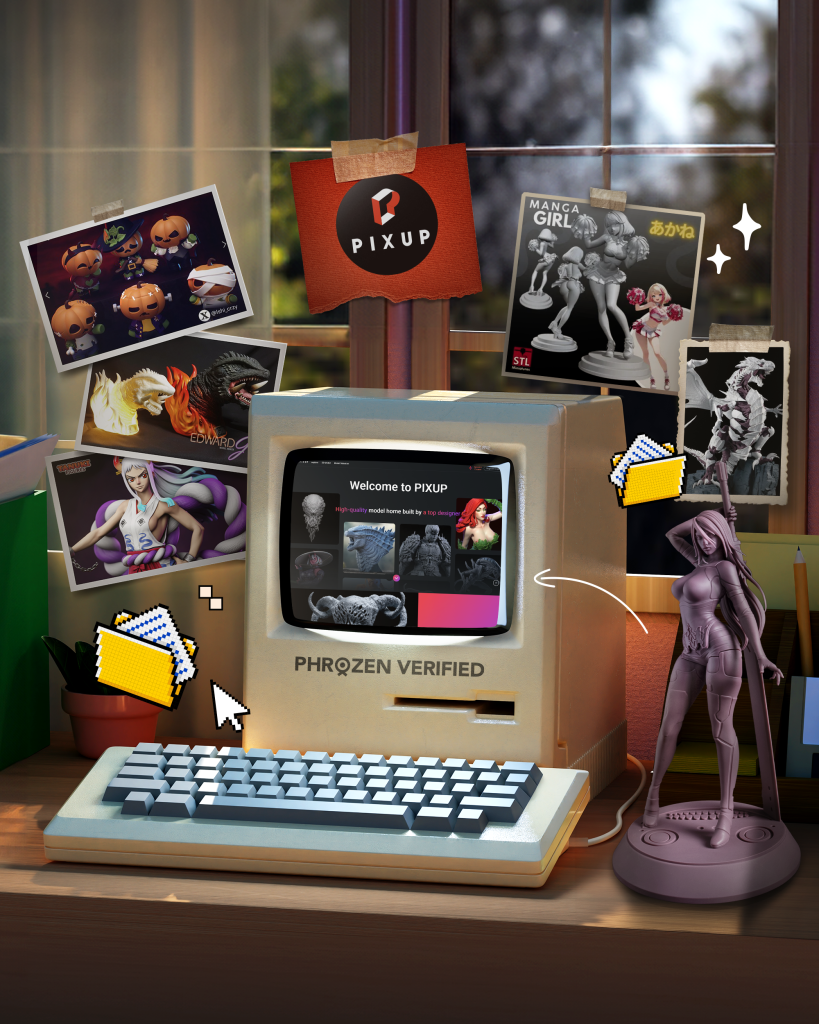 Step 1 Choose Model graphic showing a computer, 3D design workflow, and printable character examples.